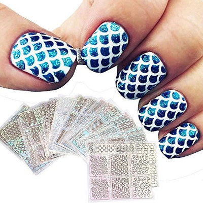 Fenleo 24 Sheets New Nail Hollow Irregular Grid Stencil Reusable Manicure Stickers