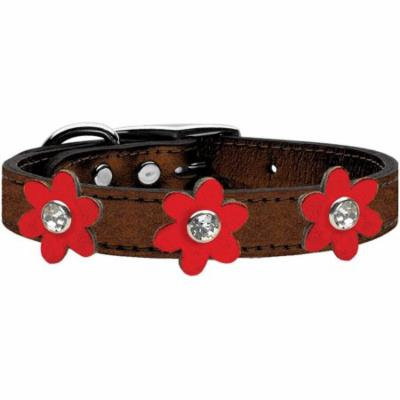 Metallic Flower Leather Collar Bronze With Metallic Red Flowers Size 20