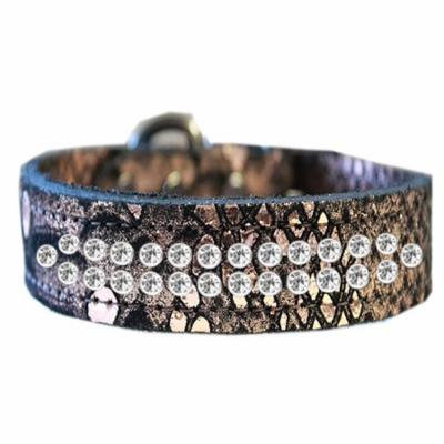 Two Row Clear Crystal Jeweled Dragon Skin Genuine Leather Dog Collar Copper Size 16