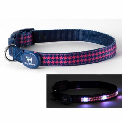 Light Up LED Dog Collar - Patented Light Up Durable Glowing Collar for Puppies and Dogs - by Dog e Glow (Pink Houndstooth, small 8
