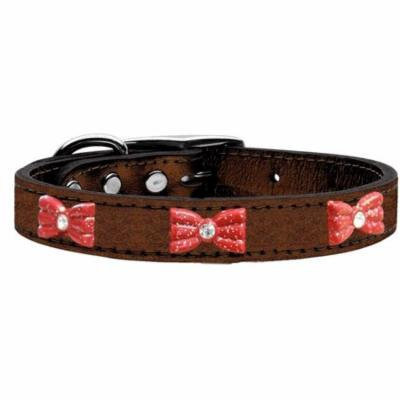 Red Glitter Bow Widget Genuine Metallic Leather Dog Collar Bronze 18