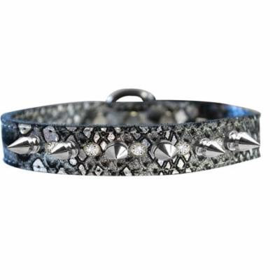 Silver Spike And Clear Crystal Dragon Skin Genuine Leather Dog Collar Silver Size 10