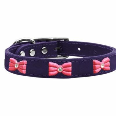 Pink Glitter Bow Widget Genuine Leather Dog Collar Purple 24