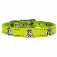Silver Anchor Widget Genuine Metallic Leather Dog Collar Lime Green 22