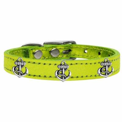 Silver Anchor Widget Genuine Metallic Leather Dog Collar Lime Green 22