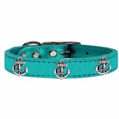 Silver Anchor Widget Genuine Metallic Leather Dog Collar Turquoise 20