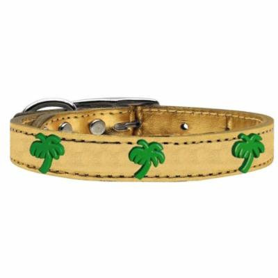 Green Palm Tree Widget Genuine Metallic Leather Dog Collar Gold 16