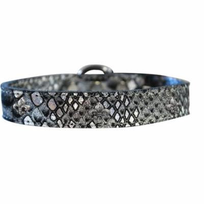 Silver Fleur De Lis Widget Dragon Skin Genuine Leather Dog Collar Silver Size 22