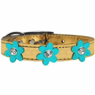 Metallic Flower Leather Collar Gold With Metallic Turquoise Flowers Size 14