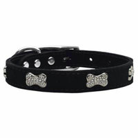 Crystal Bone Genuine Leather Dog Collar Black 22