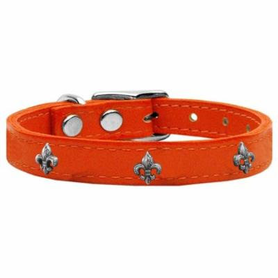 Silver Fleur De Lis Widget Genuine Leather Dog Collar Orange 26
