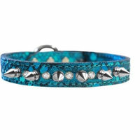Silver Spike And Clear Crystal Dragon Skin Genuine Leather Dog Collar Blue Size 14