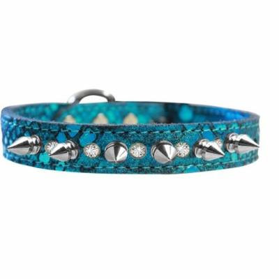 Silver Spike And Clear Crystal Dragon Skin Genuine Leather Dog Collar Blue Size 14