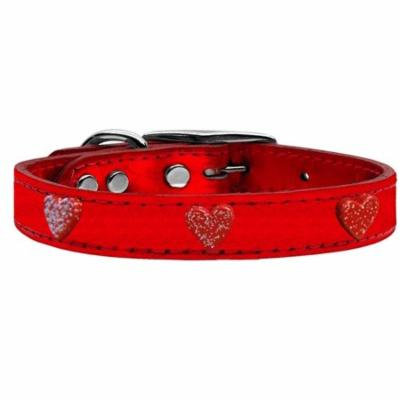 Red Glitter Heart Widget Genuine Metallic Leather Dog Collar Red 14
