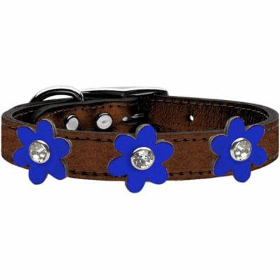 Metallic Flower Leather Collar Bronze With Metallic Blue Flowers Size 12