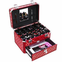 SONGMICS 24 Compartments Nail Polish ( not included ) Organizer Makeup Train Case with Mirror Portable Cosmetic Storage Holder with 1 Drawer Red UMUC18R