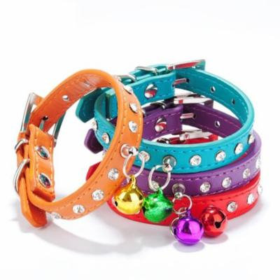 Sanwood Pet Puppy Cat Dog Rhinestone Bell Decor Faux Leather Neck Strap Buckle Collar