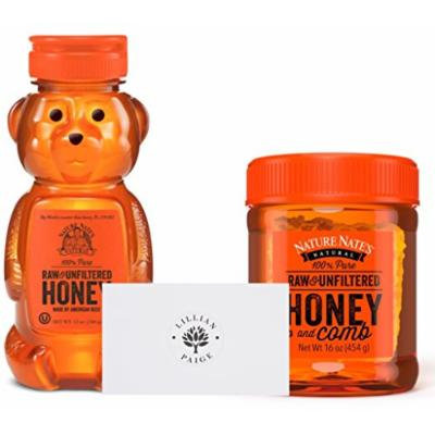 Nature Nate's 100% Pure Raw & Unfiltered Honey and Comb in Dependable Packaging to Prevent Breakage with LP card Bundle (16 oz Honey & Comb plus 12 oz Bear, Bundle)