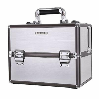 SONGMICS Professional Makeup Train Case with Sliding Trays Portable Cosmetic Box Storage Organizer 6 DIY Dividers Silver UMUC16S