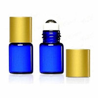 Grand Parfums 2 ml, 5/8 Dram Cobalt Blue Glass Micro Mini Glass BTLS w/Metal Roller Balls & Metal Gold Caps. - Refillable (72 items)