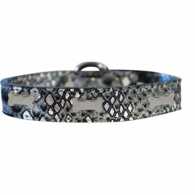 Silver Bone Widget Dragon Skin Genuine Leather Dog Collar Silver Size 22