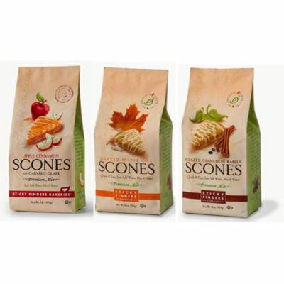 Sticky Fingers Bakeries Maple Oat Maple Glaze, Cinnamon Raisin Vanilla Glaze, and Apple Cinnamon Caramel Glaze Scones Mix 16 Oz. Set of 3