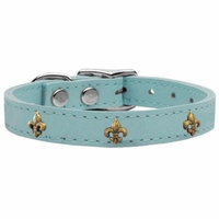 Bronze Fleur De Lis Widget Genuine Leather Dog Collar Baby Blue 18