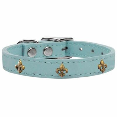 Bronze Fleur De Lis Widget Genuine Leather Dog Collar Baby Blue 18