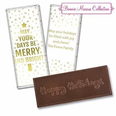 Personalized Bonnie Marcus Christmas Glittery Gold Embossed Happy Holidays Chocolate Bar - Fully Assembled (12 Count)