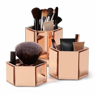Beautify Rose Gold Hexagon Storage Pots for Makeup Cosmetics, Brushes, Jewelry and Accessories Set of 3 with Glass Cleaning Cloth
