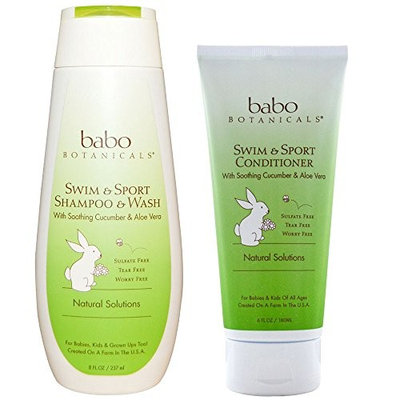 Babo Botanicals All Natural Organic Bundle Swim and Sport Aloe Vera and Cucumber Baby Shampoo & Wash (8 oz) and Conditioner With Chamomile for...