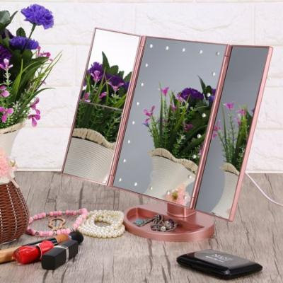 Estink Trifold 22 LED Makeup Mirror with 2x 3x Magnification Touch Screen and 180 Degree Rotation Stand for Bedroom Table Desk(Rose Gold)
