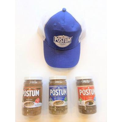 Postum Three Flavor Pack Roasted Wheat-Bran & Molasses - Natural Coffee - Cocoa Blend Flavors with Postum Hat
