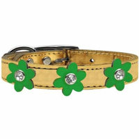 Metallic Flower Leather Collar Gold With Metallic Emerald Green Flowers Size 10