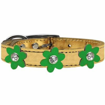 Metallic Flower Leather Collar Gold With Metallic Emerald Green Flowers Size 10