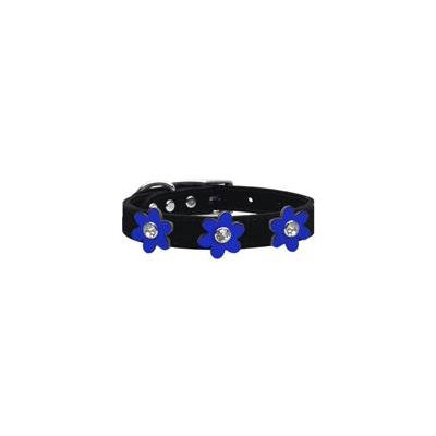 Metallic Flower Leather Collar Black With Metallic Blue Flowers Size 24