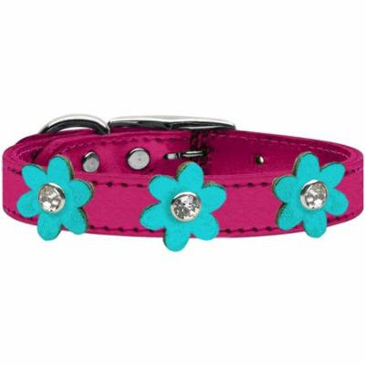 Metallic Flower Leather Collar Metallic Pink With Metallic Turquoise Flowers Size 20