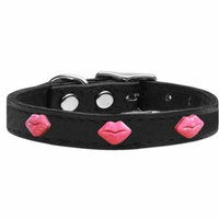 Pink Glitter Lips Widget Genuine Leather Dog Collar Black 24