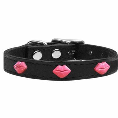 Pink Glitter Lips Widget Genuine Leather Dog Collar Black 24