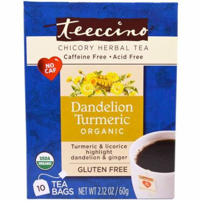 Teeccino, Chicory Herbal Tea, Organic Dandelion Turmeric, Caffeine Free, 10 Tea Bags, 2.12 oz (pack of 6)