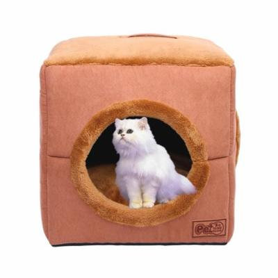 Hot Sale NEW Winter Cube-shape Dog Cat Bed Plush Windproof Warm Soft Pet House Portable Comfortable Pets Sleeping Bag With Round Hole(coffee)