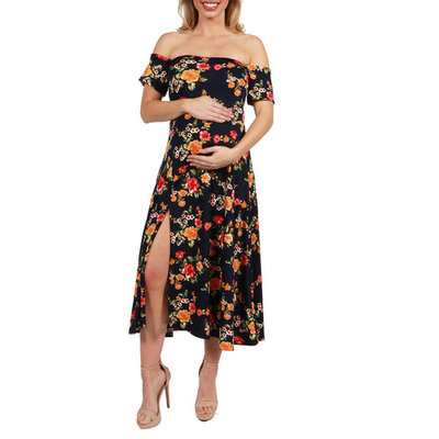 Eleanor Black Floral Side Slit Maternity Dress