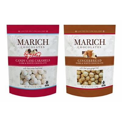 Marich Chocolates DUO Limited Edition CANDY CANE CARAMEL Dark & White Chocolate and GINGERBREAD Dark & White Chocolate 2 X 4.75 Oz (Pack of 2)