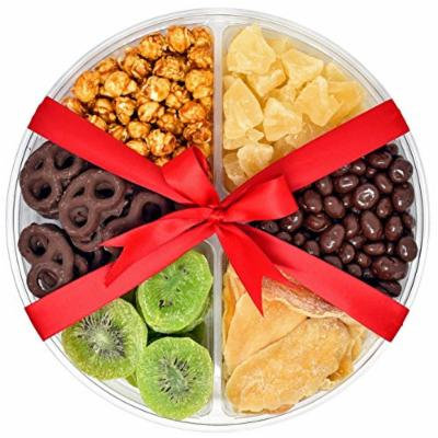Gift Universe Christmas Gift Tray with Chocolate Covered Pretzels, Dried Kiwi, Dried Mangoes, Caramel Popcorns, Chocolate Covered Raisins and Dried Pineapple Tidbits, 1.6 Lbs (726g)