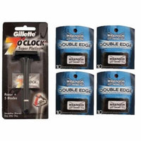 Gillette 7 O'Clock Super Platinum Safety Razor w/ 5 Blades + Wilkinson Sword Double Edge Razor Blades, 10 ct. (Pack of 4) + Schick Slim Twin ST for Sensitive Skin