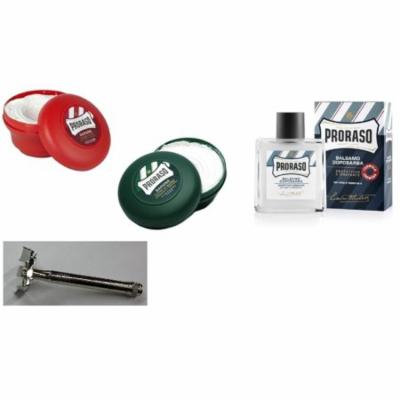 Proraso Shave Soap, Sandalwood 150 ml + Proraso Shaving Soap Menthol and Eucalyptus 4 Oz + Double Edge Razor + Proraso After Shave Balm Protective, 3.4 Fluid Ounce + Scunci Black Roller Pins, 18 Pcs