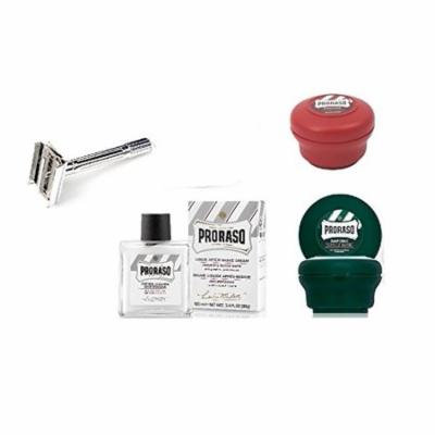 Proraso Shave Soap, Sandalwood 150 ml + Proraso Shaving Soap Menthol and Eucalyptus 4 Oz + Double Edge Razor + Proraso Liquid After Shave Cream, 3.4 Ounce + Schick Slim Twin ST for Dry Skin