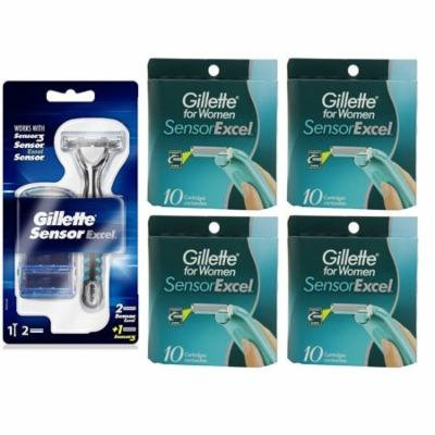 Gillette Sensor Excel Razor w/ 3 Cartridges + Gillette Sensor for Women 10 Ct. Refill Blades (Pack of 4) + Schick Slim Twin ST for Dry Skin
