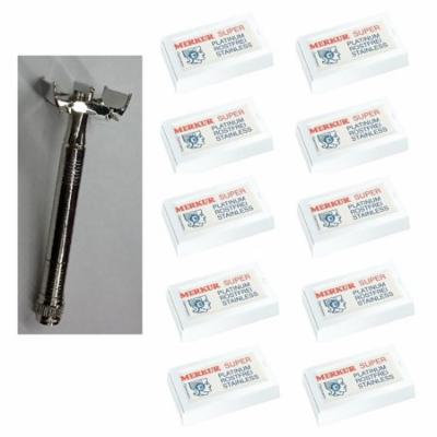 Double Edge Safety Razor + Merkur Double Edge Safety Razor Blades 10 ct. (Pack of 10) + Schick Slim Twin ST for Sensitive Skin