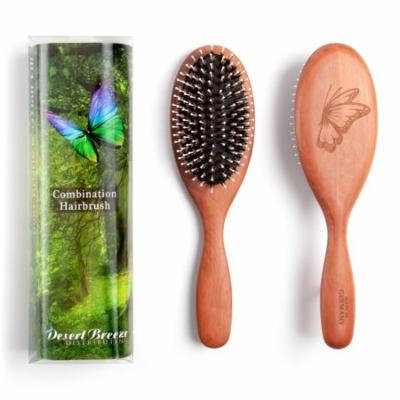 Pure Wild Boar Bristle with Nylon Pin Combination Hair Brush for Fine to Medium hair, Style PWC, For Medium Hair, made in Germany, Engraved Butterfly, by Desert Breeze Distributing